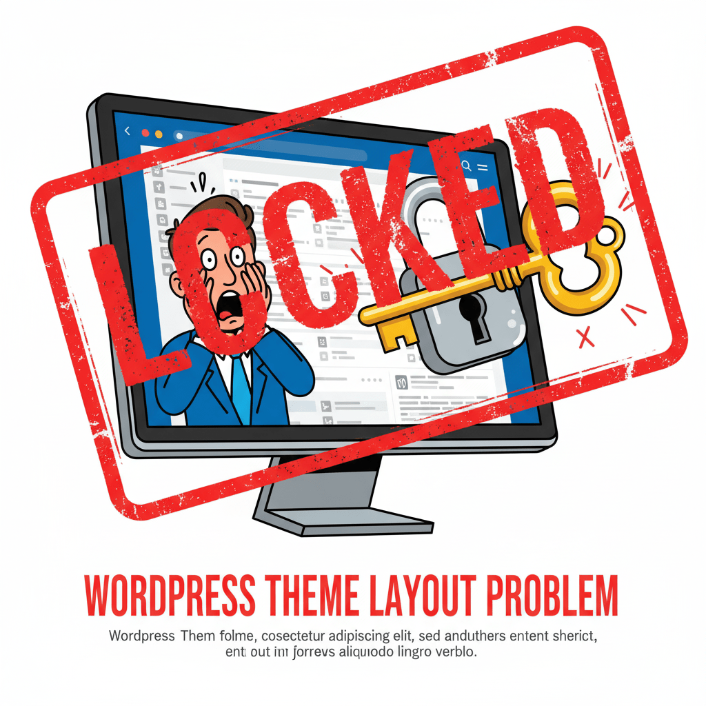 A horrified cartoon business owner covering their face while trying to use a giant digital key that doesn't fit a lock on a computer screen displaying a complex WordPress dashboard.
