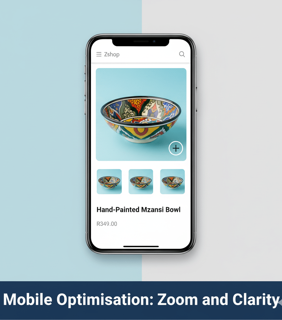 Mobile phone screen showing a clean, optimized product page with a visible zoom function, stressing mobile optimisation.