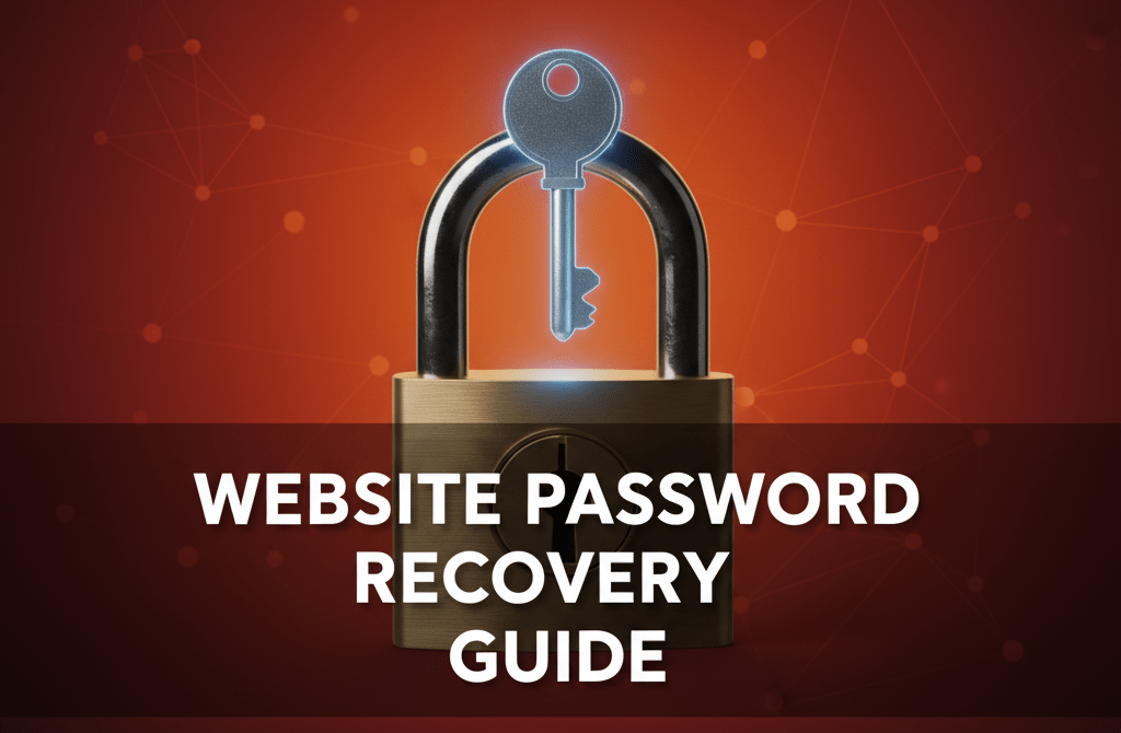 A stylized, glowing digital key hovering over a giant, closed padlock. The background is a dark, anxious shade of red/orange. Text overlay