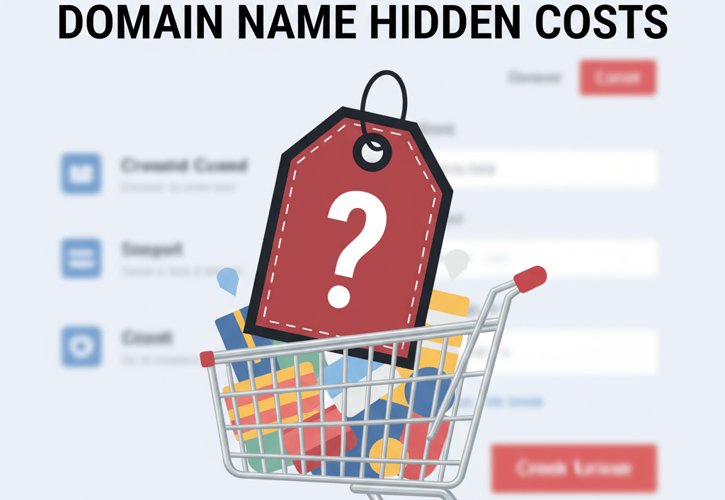A close-up of a digital shopping cart with a large, menacing-looking price tag popping out from beneath the items. The price tag has a question mark on it. Text overlay: DOMAIN NAME HIDDEN COSTS