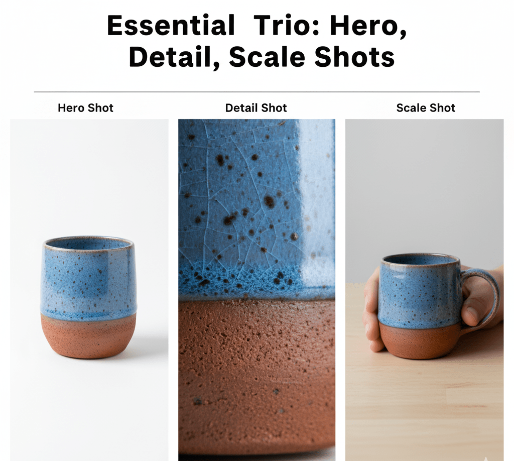 Collage of three images: Hero shot, zoomed Detail shot, and a Scale shot, illustrating the essential trio of high quality product images required.