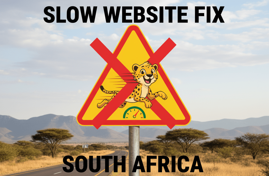South African 'DANGER' road sign crossed out, replaced by a smiling, fast-moving cheetah mascot over a green speedometer. Text overlay reads: SLOW WEBSITE FIX SOUTH AFRICA. This visually represents the transformation from a slow website problem (danger) to a fast solution (cheetah).