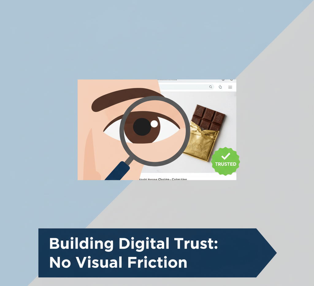 Graphic showing a magnifying glass over a high-quality, well-lit product photo with a green "TRUSTED" badge, symbolizing the importance of high quality product images for building digital trust.