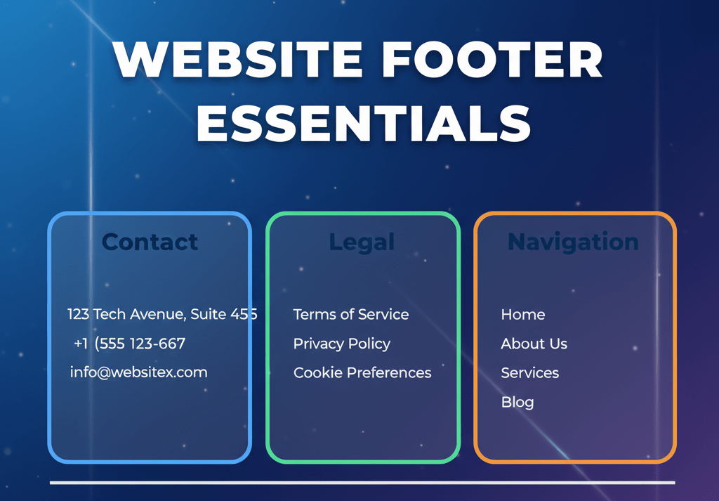 A clean, stylized screenshot of a well-organized website footer with different sections highlighted
