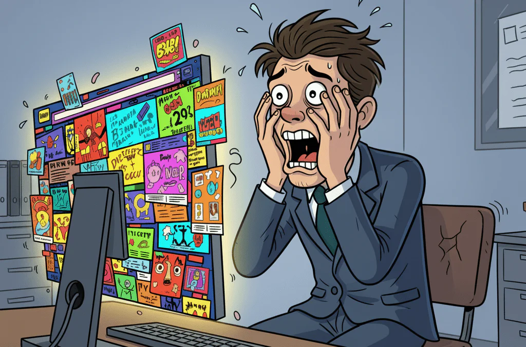 A horrified cartoon business owner covering their face while looking at a website that is a mess of clashing colours and fonts